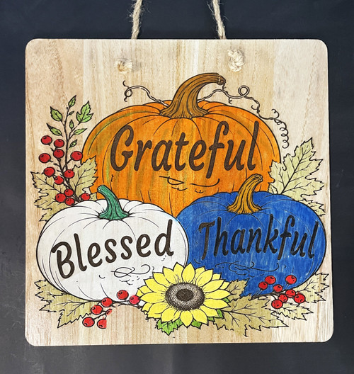 Wall Art - Words of Wisdom / HD-WAWI-9308: Grateful, Blessed, Thankful Pumpkin Scene (Natural) - Laser Engraved Panel
