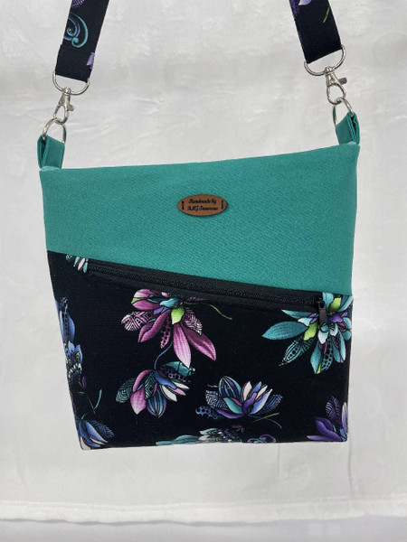 Cross Body Bags / HB-CB-4: Teal Flowers (Black)