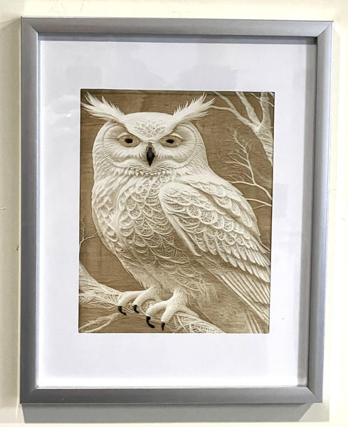 Wall Art - Words of Wisdom / HD-WAWI-8001: Engraved Image: White Owl - 8 x 11 Engraving - Silver Frame
