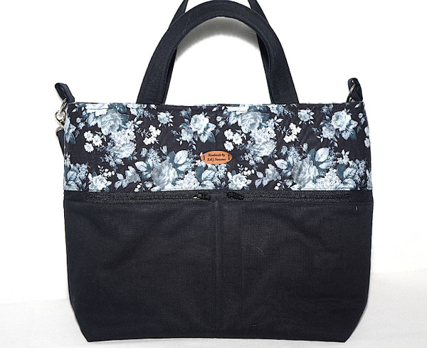 Purses / HB-P-4: Grey Flowers (Black - Rectangular Design)