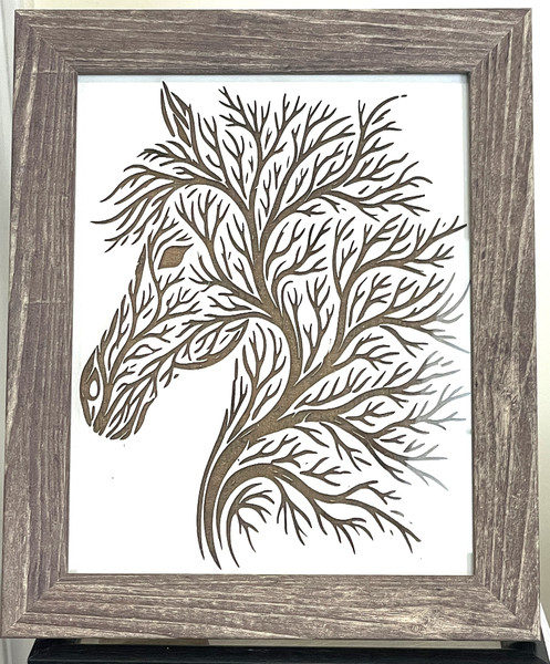 Wall Art - Words of Wisdom / HD-WAWI-312: Engraved Image: Tree Scene - Horse - Laser Engraved Picture with Black Frame