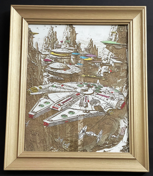 Wall Art - Words of Wisdom / HD-WAWI-9001: Engraved Image: Millennium Falcon - 8 x 11 Engraving - Gold Frame
