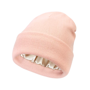 Knit Satin-Lined Cuffed Beanie Hat - Pastel Pink Knit Satin-Lined Cuffed Beanie Hat - Pastel Pink