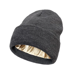 Adult Knit Satin-Lined Cuffed Beanie Hat - Grey Adult Knit Satin-Lined Cuffed Beanie Hat - Grey