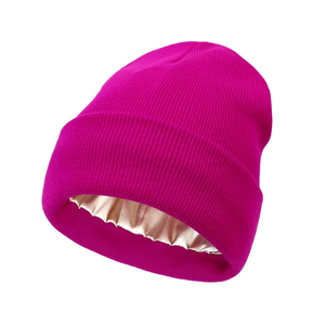 Adult Knit Satin-Lined Cuffed Beanie Hat - Pink Adult Knit Satin-Lined Cuffed Beanie Hat - Pink