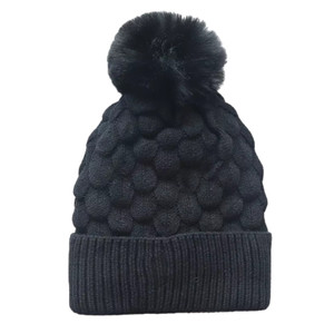 Scalloped Satin-Lined Pom Beanie - Black Scalloped Satin-Lined Pom Beanie - Black