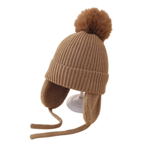 Toddler Fuzzy Flap Satin-Lined Pom Beanie - Brown Toddler Fuzzy Flap Satin-Lined Pom Beanie - Brown
