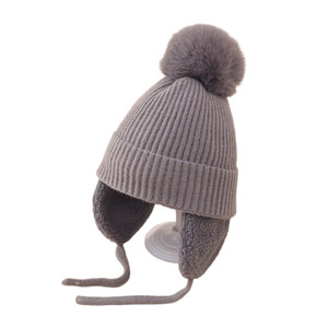Toddler Fuzzy Flap Satin-Lined Pom Beanie - Grey Toddler Fuzzy Flap Satin-Lined Pom Beanie - Grey