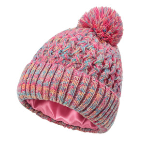 Kids Puff Stitch Pom Satin-Lined Hat - Pink and blue Kids Puff Stitch Pom Satin-Lined Hat - Pink and blue