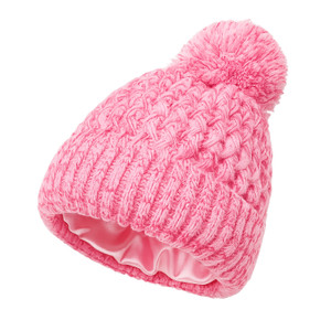 Kids Puff Stitch Pom Satin-Lined Hat - Pink Kids Puff Stitch Pom Satin-Lined Hat - Pink