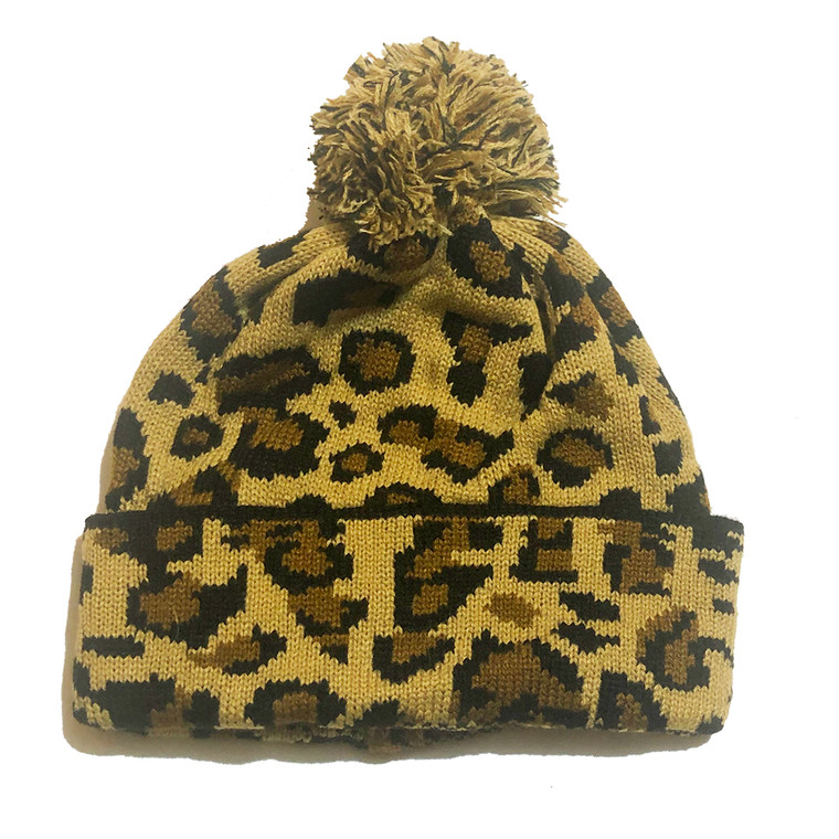 Cheetah Pom Knit Hat - Brown