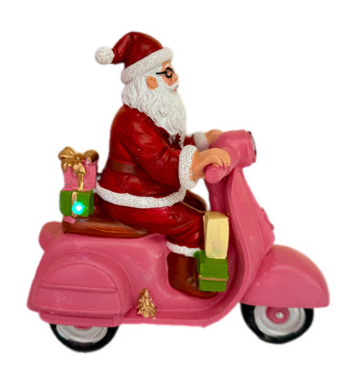 Santa - On Moped Pink Resin 16cm