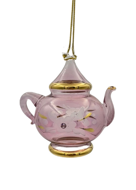 Floral Teapot Glass Ornament - Luster Pink - 10cm