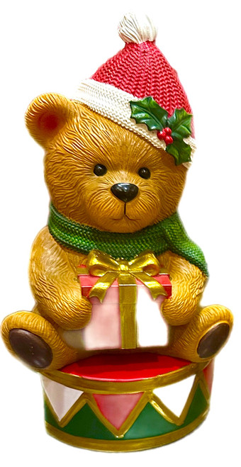 Christmas Teddy - ON DRUM WITH PRESENT - LED 20CM