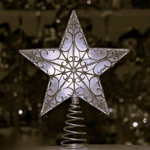 Christmas Tree Star - 5 Point SILVER With Warm White LED Lights 30cm