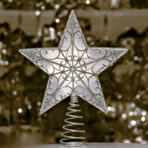 Christmas Tree Star - 5 Point SILVER With Warm White LED Lights 30cm