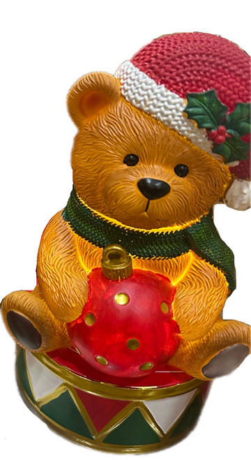 Christmas Teddy - ON DRUM WITH BAUBLE - LED 20CM