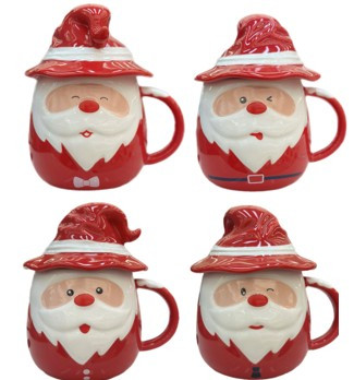 Christmas Mug - SANTA FACE CHRISTMAS MUGS (4 Asst) with Ceramic Lids 13cm