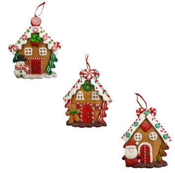 Christmas Ornament - HOUSE WITH SNOWMAN, GINGERBREAD MAN & SANTA 10CM (3 Asst)