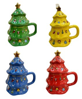 Christmas Mug - CHRISTMAS TREES WITH LIDS (4 Asst) - 18CM