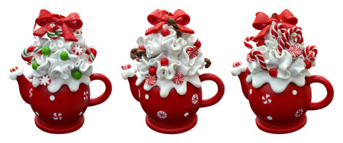 Christmas Ornament - Tea Pot Green & Red Gumdrops & Candy Canes (set of 3 Asst) - 13cm