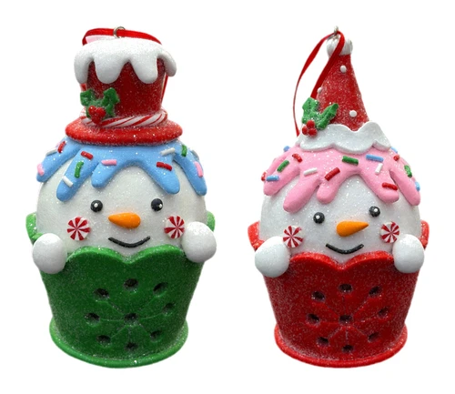 Christmas Ornament - Snowman In a Basket Pink & Green (Set of 2 Asst) - 12cm