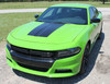 Front side view of Green 2023 Dodge Charger HEMI Hood Stripes CHARGER 15 HOOD 2015-2024