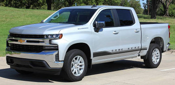 Close up of red and silver ROCKER ONE : 2019-2026 Chevy Silverado Stripes Lower Door Decals Rocker Panel Vinyl Graphic Kit