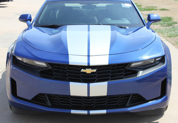 Silver Hood Stripes on Blue Camaro - 2019 Camaro Rally Racing Stripes TURBO RALLY 19 2019-2020 Silver Hood Stripes on Blue Camaro - 2019 Camaro Rally Racing Stripes TURBO RALLY 19 2019-2020