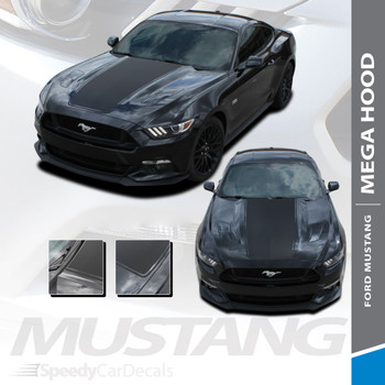MEGA HOOD : 2015-2017 Ford Mustang Wide Center Hood Racing Rally Stripes Vinyl Graphic Decals Kit