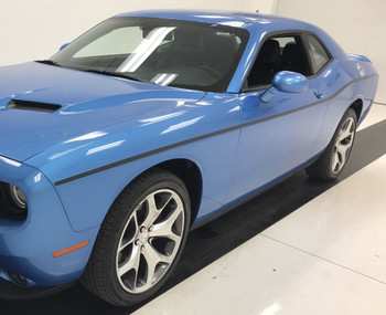 Side of blue 2015 Dodge Challenger Side Stripes SXT SIDE KIT 2011-2020 2021 2022 2023