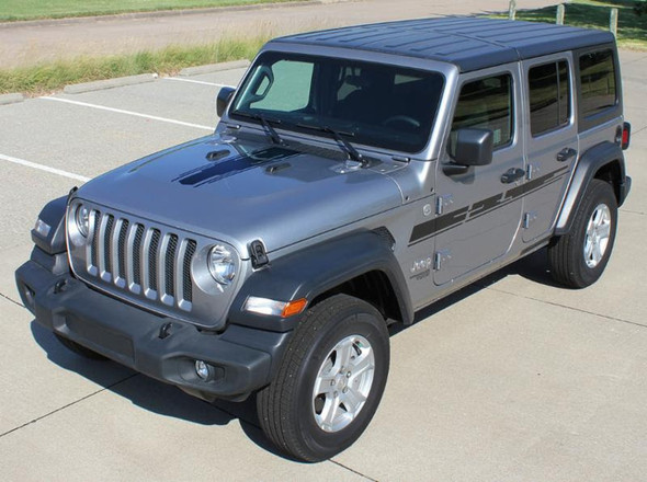 Hood and Side View of 2019 Wrangler Side Stripes MOJAVE SIDE KIT 2018-2020 2021