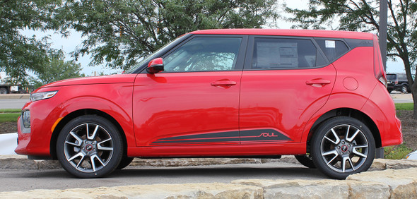 Side View of Red 2021-2020 Kia Soul Side Door Stripes SOULED ROCKER Kits