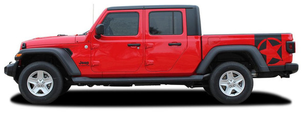 Side of red BOOTSTRAP Jeep Gladiator Side Star Vinyl Graphics Decal Stripe Kit for 2020-2021 2022 2023