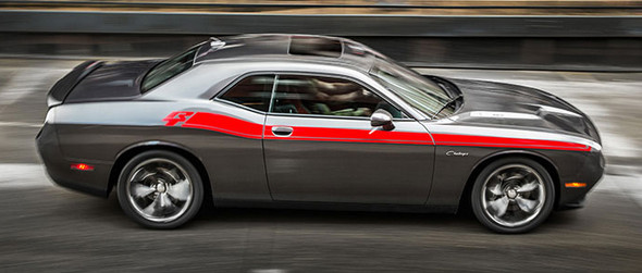 Side of red 2020 Dodge Challenger Side RT Stripes DUEL 15 Shaker 2015-2021 2022 2023