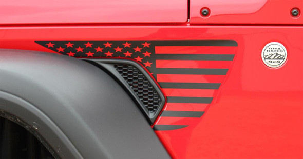 Side of red PATRIOT Jeep Gladiator Side Vent Star Graphics Decal Stripe Kit for 2020-2021 2022 2023