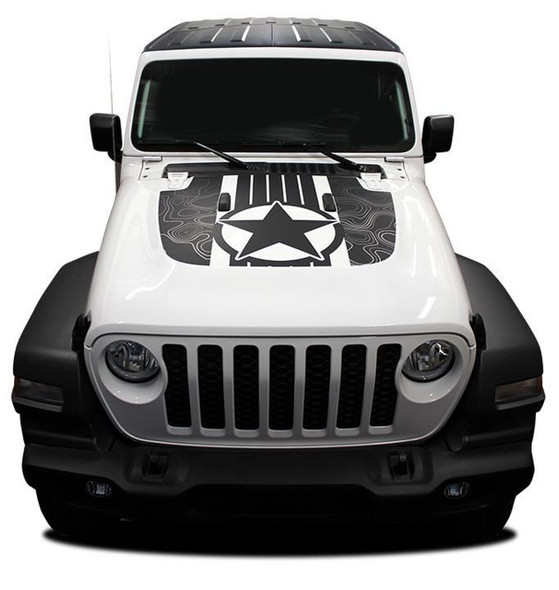 Front of white 2021 2022 2023 Jeep Wrangler Hood Decals JOURNEY HOOD 2018-2021 2022 2023