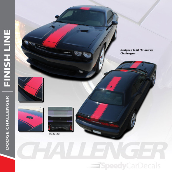 FINISH LINE :  2011-2018 2019 2020 2021 2022 2023 Dodge Challenger Center Wide Rallye Redline Style Vinyl Racing Stripes Hood Decal Graphics Kit