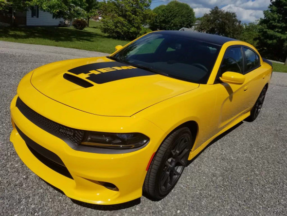 Front of Yellow 2018 Dodge Charger Hemi Hood Stripes CHARGER 15 HOOD 2015-2023