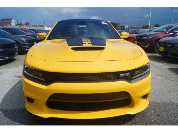 Front of Yellow 2018 Dodge Charger Hemi Hood Stripes CHARGER 15 HOOD 2015-2023