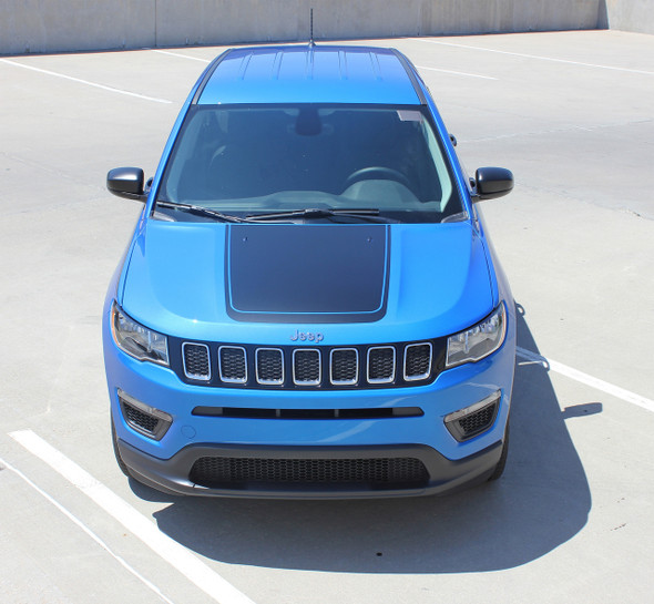 Front view of blue 2018 Jeep Compass Hood Graphics BEARING HOOD 2017-2020 2021 2022 2023