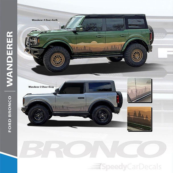 2021 2022 2023 Ford Bronco Full Size Side Decals WANDERER Door Vinyl Graphic Stripes Kits (Earthtones and Grays) (SCD-8383)