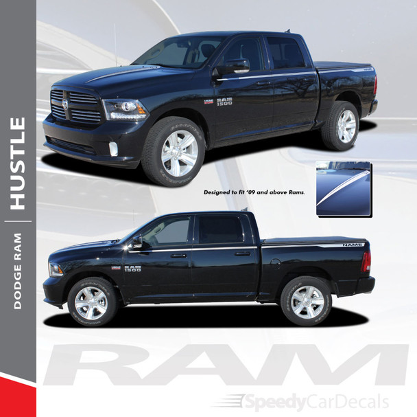 HUSTLE : 2009-2018 Dodge Ram Hood Spears and Rear Bed Side Stripes Vinyl Graphics Decals Kit