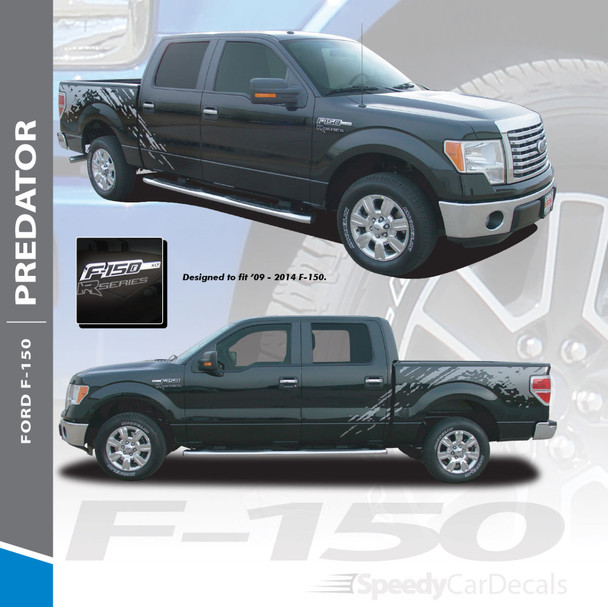 PREDATOR : 2009-2014 Ford 150 F-Series Raptor Style Mudslinger Rear Truck Bed Vinyl Graphics Decals Stripe Kit