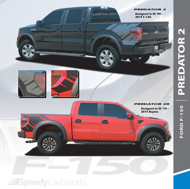 PREDATOR 2 : 2009-2014 Ford F-Series "Raptor" Style Rear Truck Bed Vinyl Graphics Decals Stripes Kit