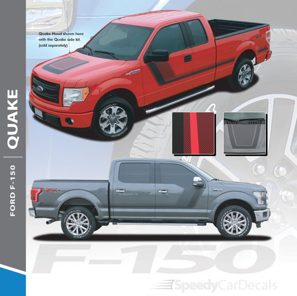 QUAKE PACKAGE : 2009-2014 Ford F-150 Hockey Stripe Tremor FX Appearance Style Side Doors and Hood Vinyl Graphics Decals Striping Kit