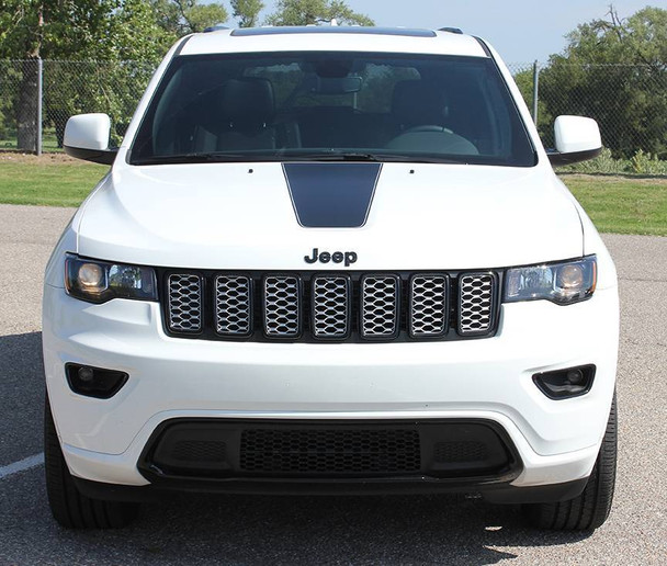Front of white 2018 Jeep Grand Cherokee Hood Stripes PATHWAY HOOD 2011-2020 2021