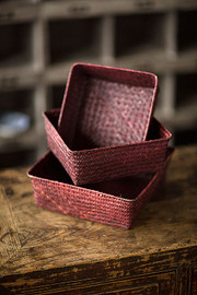 Red Rattan & Wire Trays - Set of 3