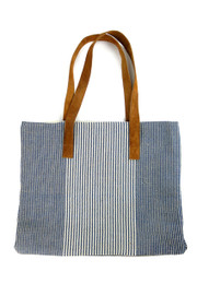 Pinstriped Cotton Tote Bag with Mock Leather Straps