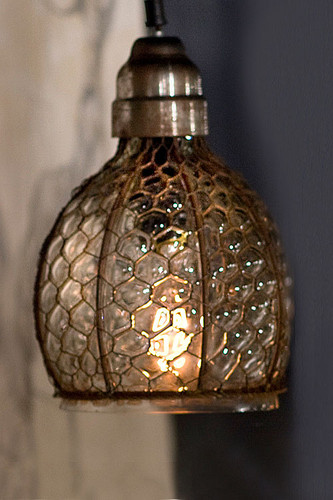 Chicken Wire and Glass Wide Pendant